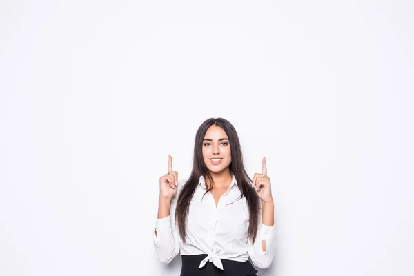 Portrét Veselé Podnikatelka Oblečený Obleku Ukazující Prst Pryč Kopie Prostoru — Stock fotografie