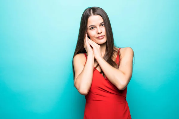 Retrato Hermosa Joven Sobre Fondo Azul —  Fotos de Stock