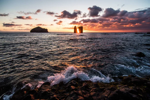 Pôr Sol Praia Mosteiros Nos Açores — Fotografia de Stock