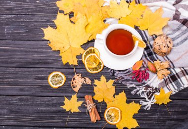 Gül çiçek kurutulmuş meyve çay bardağı, sonbahar yaprakları, tarçın, anason star, koniler, sonbahar kompozisyon. Üstten görünüm, düz yatıyordu