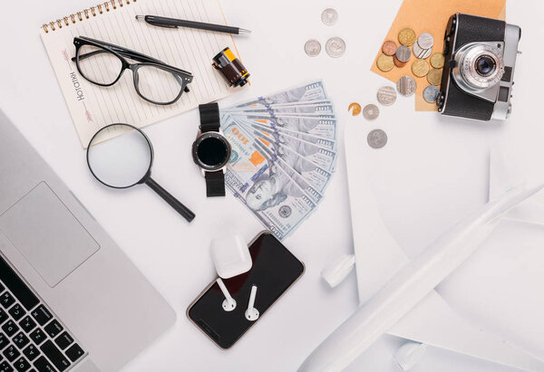 Time to travel concept, wanderlust vacation background flat lay, space for text. planning summer holiday