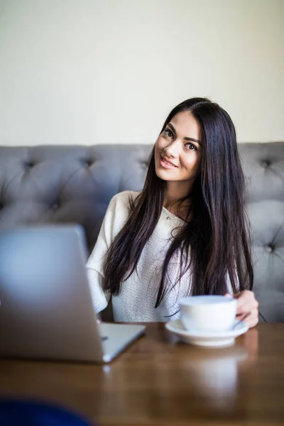 Pretty Brunette Using Her Laptop Coffee Shop — Stock Photo, Image