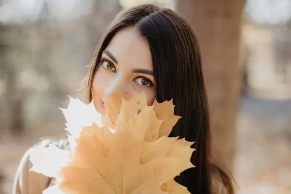 Junge Frau Mit Herbstlaub Freien Herbstpark — Stockfoto