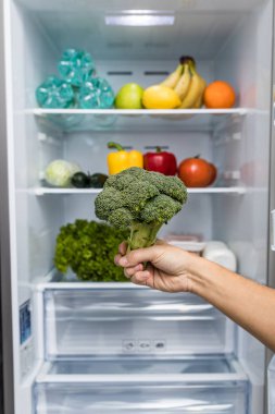Eller brokoli Opened buzdolabı taze renkli meyve ve sebze, sağlıklı beslenme kavramı tam üzerinden al