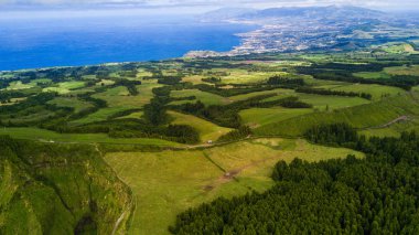 Muhteşem Azores manzara Drone görünümü. San Miguel adasının kuzey kıyısında yeşil alanlar, Azores, Portekiz. Kuş bakışı, havadan panoramik görünüm.