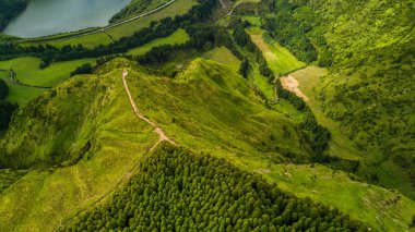 Muhteşem Azores manzara Drone görünümü. San Miguel adasının kuzey kıyısında yeşil alanlar, Azores, Portekiz. Kuş bakışı, havadan panoramik görünüm.