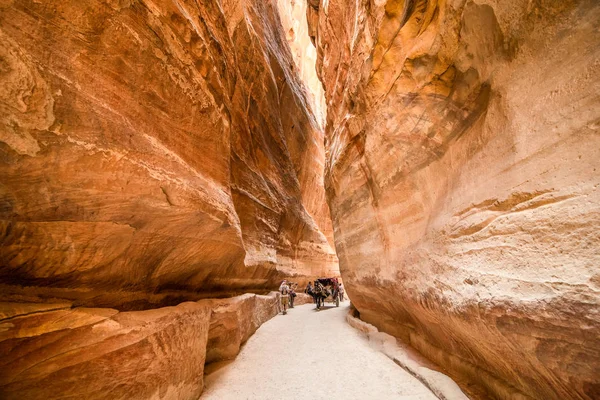 O Siq, o estreito slot-canyon que serve como a passagem de entrada para a cidade escondida de Petra, Jordânia. Este é um Património Mundial da UNESCO — Fotografia de Stock