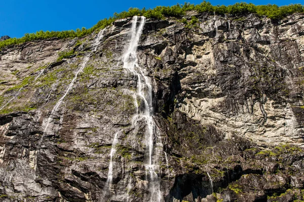 Geiranger Fjord Vízesés Hét Nővér Gyönyörű Természet Norvégiában Természeti Táj — Stock Fotó