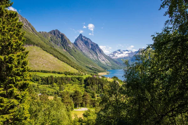 挪威更多的奥格罗姆斯达尔靠近Trandal的Hjorundfjord和Sunnmore阿尔卑斯山 — 图库照片