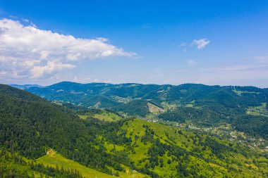 Yeşil dağ, çam ormanı, nehir ve köyün insansız hava aracı görüntüsü. Karpatlar, Ukrayna.