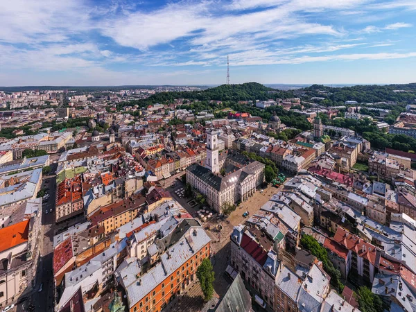 Lviv from a bird\'s eye view. City from above. Lviv, view of the city from the tower. Colored roofs