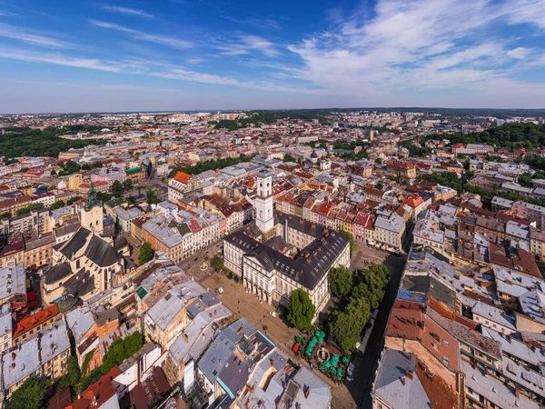 Lviv from a bird's eye view. City from above. Lviv, view of the city from the tower. Colored roofs