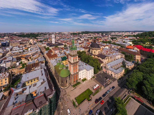Lviv from a bird\'s eye view. City from above. Lviv, view of the city from the tower. Colored roofs