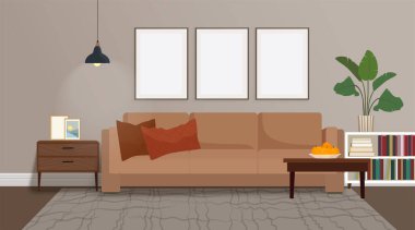 İçinde bej kanepe ve duvarda boş çerçeve şablonları var. Resim modellemeleri ile klasik bir iç mekan. Vektör illüstrasyonu.