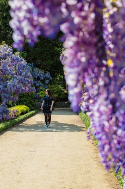 Genç ve güzel bir kadın, çiçeklenmiş mor salkımın yanında zarif bir şekilde duruyor..