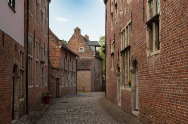 Leuven, Belçika - 26 Nisan 2025: Leuven 'in kaldırımlı caddeleri, ortaçağ evleri ve sakin kanalları, UNESCO Dünya Mirası Sahası.