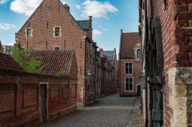Leuven, Belçika - 26 Nisan 2025: Leuven 'in kaldırımlı caddeleri, ortaçağ evleri ve sakin kanalları, UNESCO Dünya Mirası Sahası.