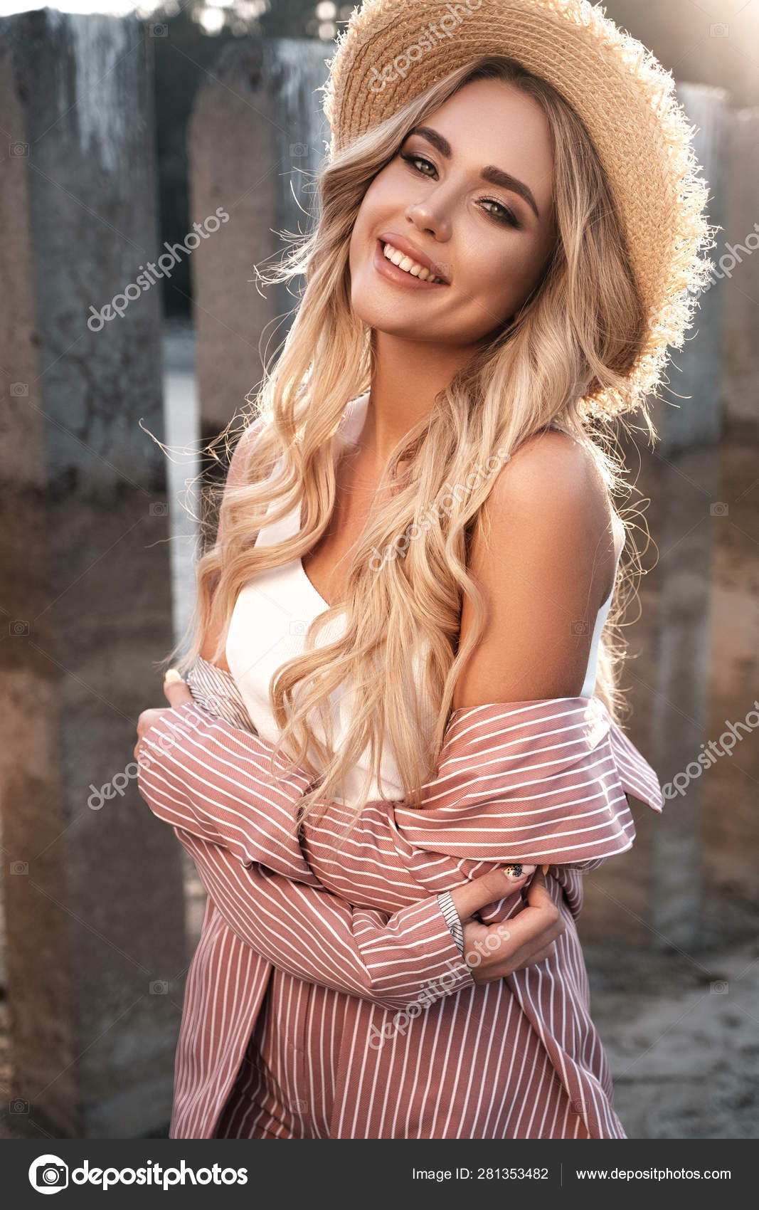 Portrait Pretty Cute Romantic Smiling Girl Long Loose Blonde Hair
