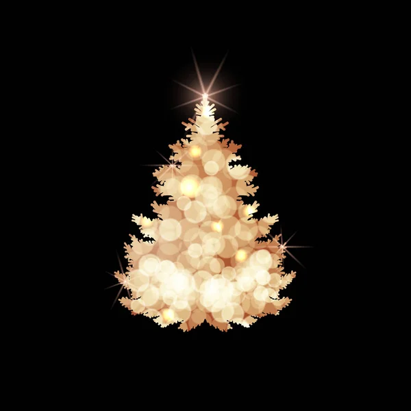 Biglietto di Natale. Silhouette di un albero pieno di macchie luminose, bokeh. Vettore — Vettoriale Stock