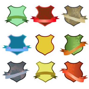 Şeritler ile vektör renkli kalkanlar seti. Vektör Illustration 