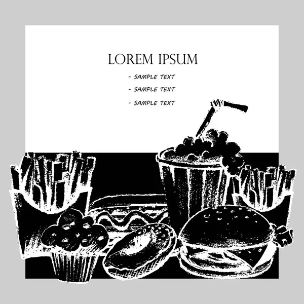 Фастфуд, скетч. Продукты питания, окрашенные, векторные иллюстрации в бледно-белый цвет — стоковый вектор