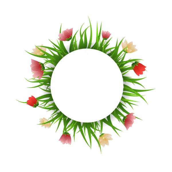 Panji bulat dengan rumput dan bunga merah. Ilustrasi vektor - Stok Vektor