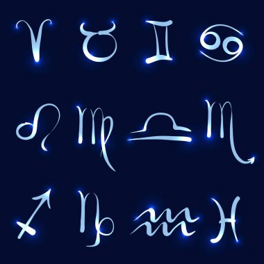 Karanlık bir arka plan üzerinde zodyak vektör işaretleri. Neon işaretleri