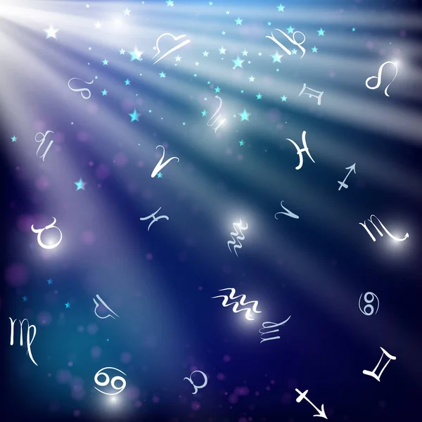 Fond lumineux avec signes du zodiaque. Fond abstrait, lumière, bokeh . — Image vectorielle