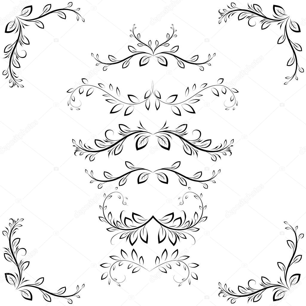 Ornate, calligraphic design elements with leaves. Decorative swirls, dividers.