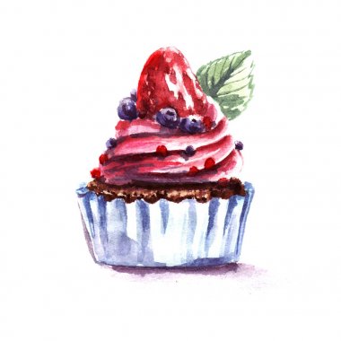 Çilek ile Cupcake, suluboya boyalı, lezzetli illüstrasyon, beyaz izole
