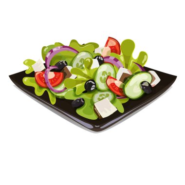 Greek salad in a black plate. Salad on a plate. Vector vegetab