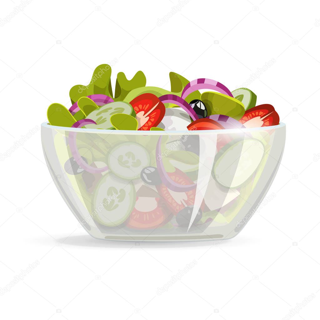 Greek salad in a deep bowl. Salad on a plate. Vector vegetables