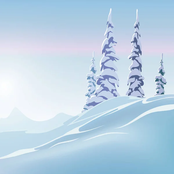स्प्रूस के साथ शीतकालीन परिदृश्य। वेक्टर शीतकालीन चित्रण। बर्फ में फायर ट्री, बर्फीले पहाड़ और ढलान — स्टॉक वेक्टर