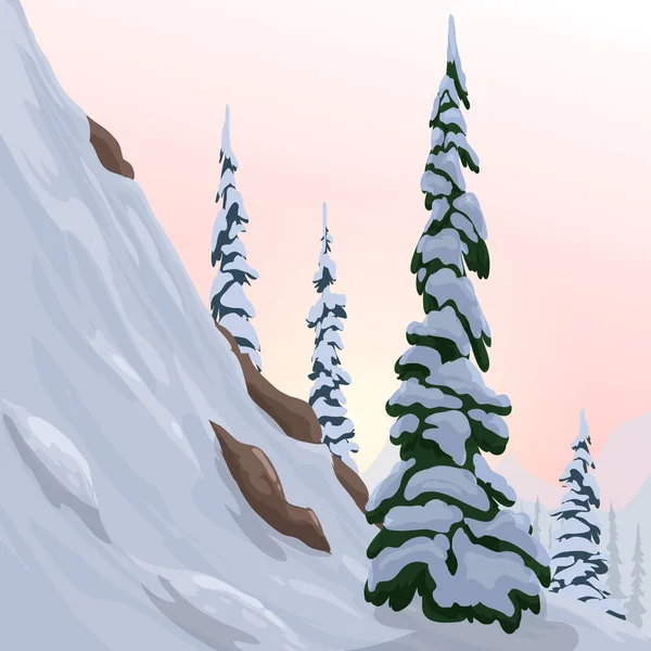 Winterlandschaft mit Fichten. Vektorwinterillustration. Tanne im Schnee, schneebedeckter Berg und Hang — Stockvektor