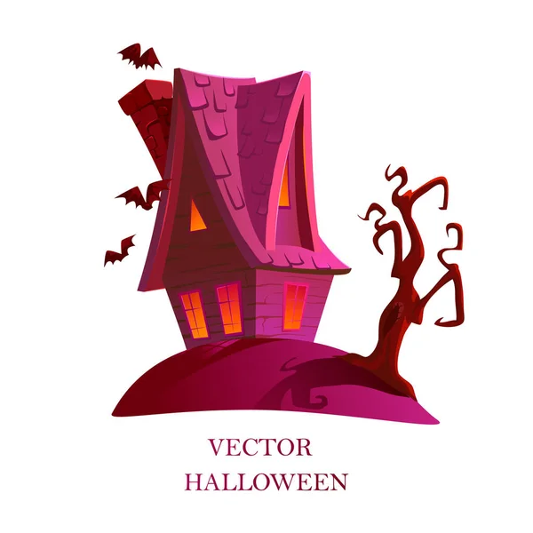 Casa de Halloween aislada sobre fondo blanco. Casa rosa con árbol y murciélagos, vector — Vector de stock