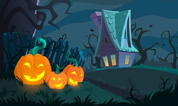 Background for halloween with pumpkins and a house. Halloween vector background, — Stock Vector