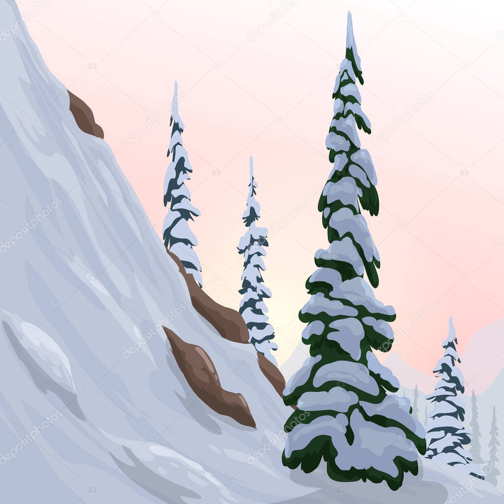 winter landscape with spruce. Vector winter illustration. Fir tree in the snow, snowy mountain and slope