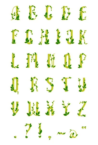 벡터 초록색 알파벳. 초록 잎을 가진, 잎을 가진 벡터 글자들 — 스톡 벡터