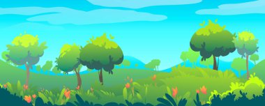Yaz manzarasının vektör çizimi. Çimen ağaçları ve çiçekler, doğayla kusursuz bir arka plan.