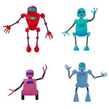 Robotlar. Renkli robotlar. Karakter robotları. Geleceğin teknolojisi. Çizgi film vektör illüstrasyonu.
