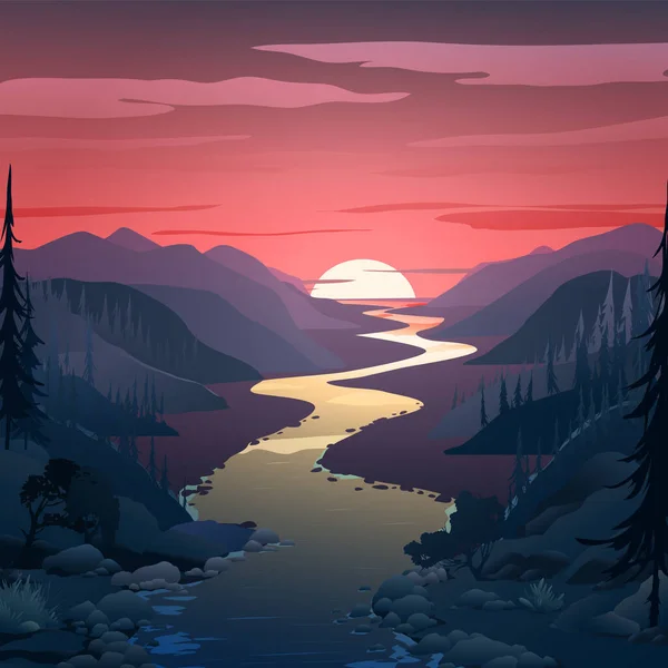 背景与景观 河水从遥远的山林和云杉林中奔流而来 黎明的背景 矢量山河 — 图库矢量图片