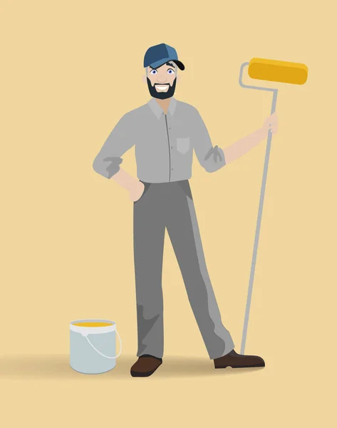 Roller painter, vector. Vector character illustration. The painter paints the walls — Stock Vector