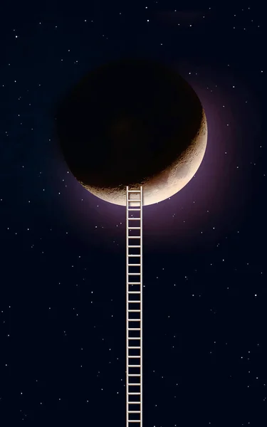 Gambar konseptual dengan tangga yang mengarah ke latar belakang bulan dan awan — Stok Foto