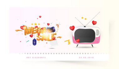 Mega satışı 25. Büyük indirimler hacimli metin, retro Tv ve ışık efektleri ile hafif bir arka plan üzerinde kırmızı kalpler için kavram. Düz vektör çizim Eps10.