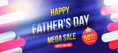 Babası günün kutlu olsun. Mega Satılık 50 indirim kapalı. Işık efektleri ile tasarım reklam için yatay Banner şablon. Düz vektör çizim Eps 10.