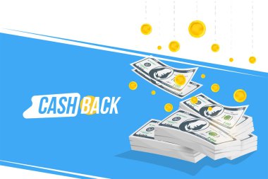 Para ve simge paralar bohça ile nakit geri afiş. Mali ve karlı kavramı sunar. Vektör çizim Eps10.