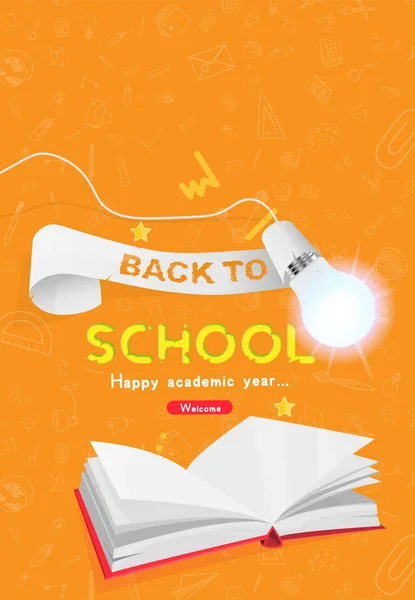 Welkom Terug School Verticale Banner Met Lint Boek Set Doodle — Stockvector