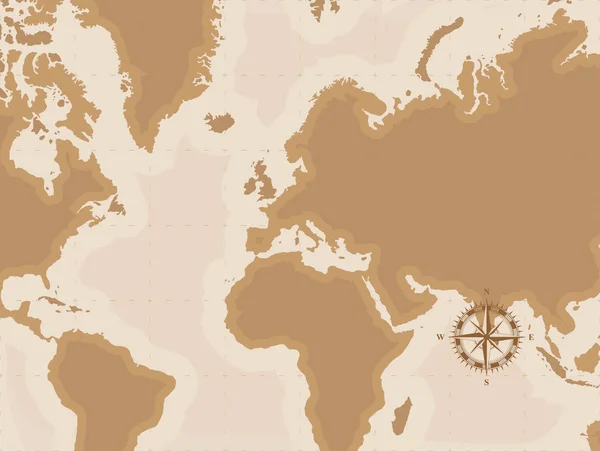 Mappa Del Mondo Retrò Marrone Con Bussola Illustrazione Vettoriale Piatta — Vettoriale Stock