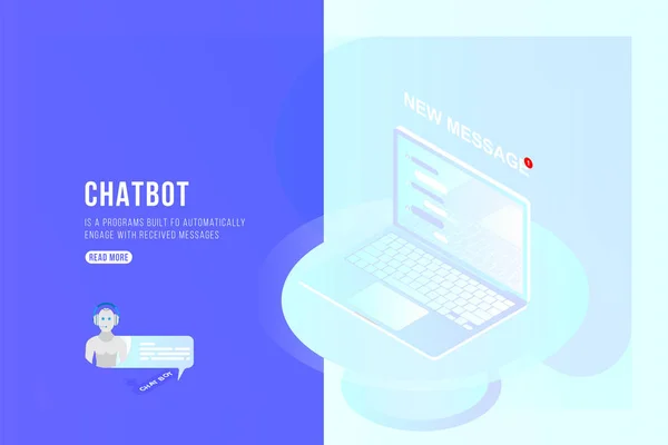 Chatbot Concepto Isométrico Con Nuevos Mensajes Chat Emergente Portátil Ilustración — Vector de stock