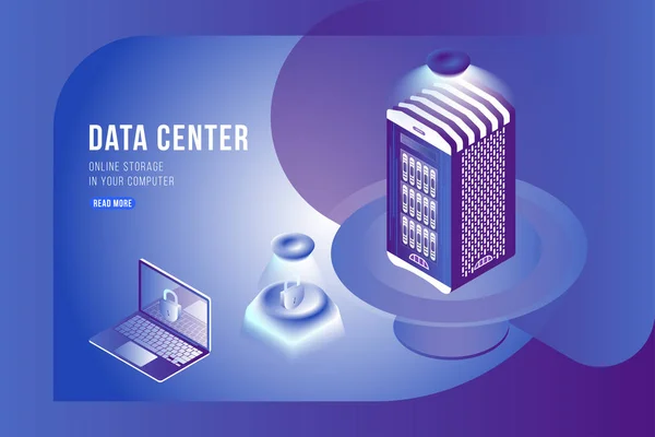 データ検索およびクラウド ストレージ アイコン等尺性ベクター サーバルーム データ センターおよびデータベース ストックベクター C Modpic